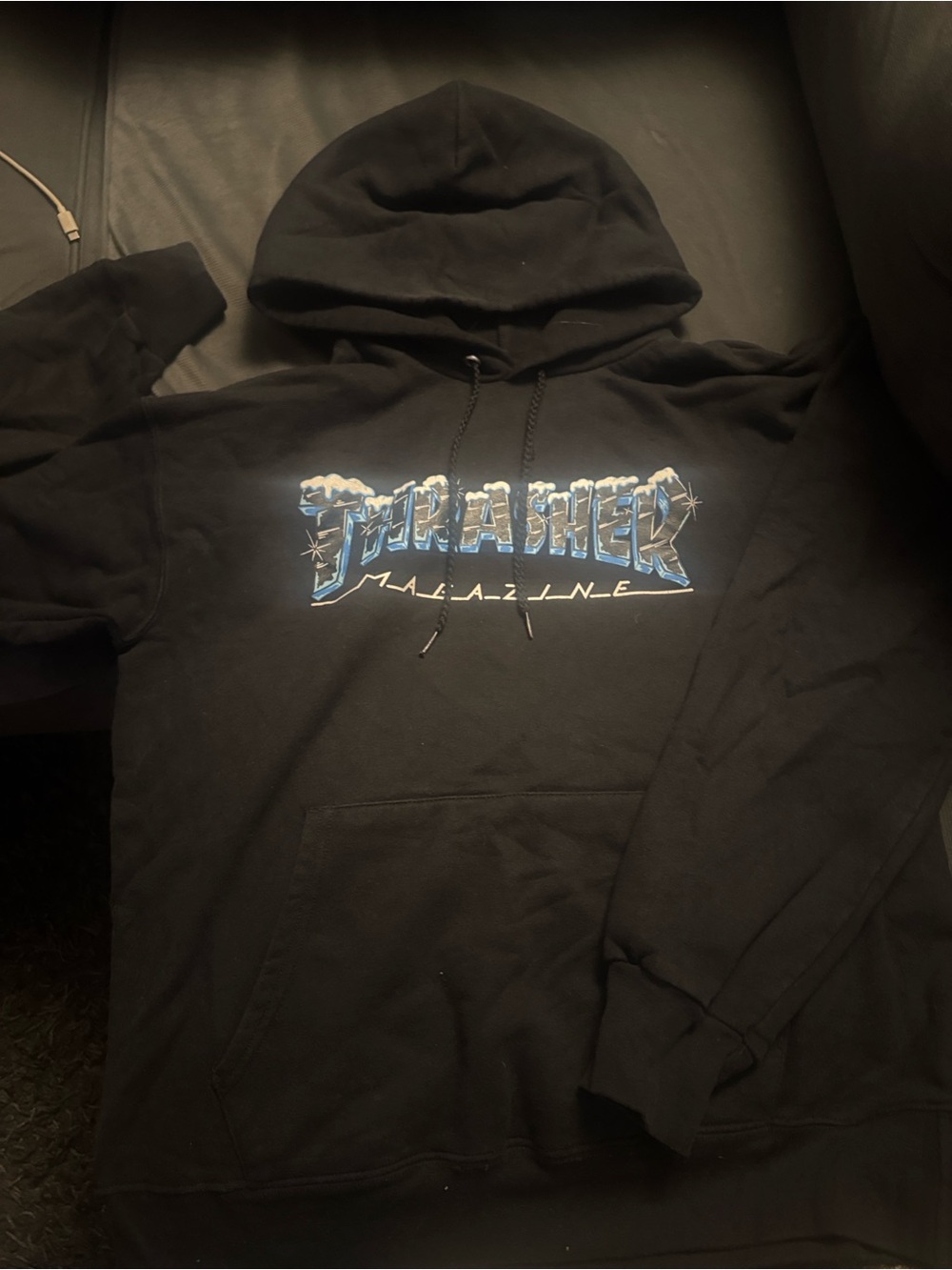 Thrasher Black Hoodie with Blue and White ice /frost Logo